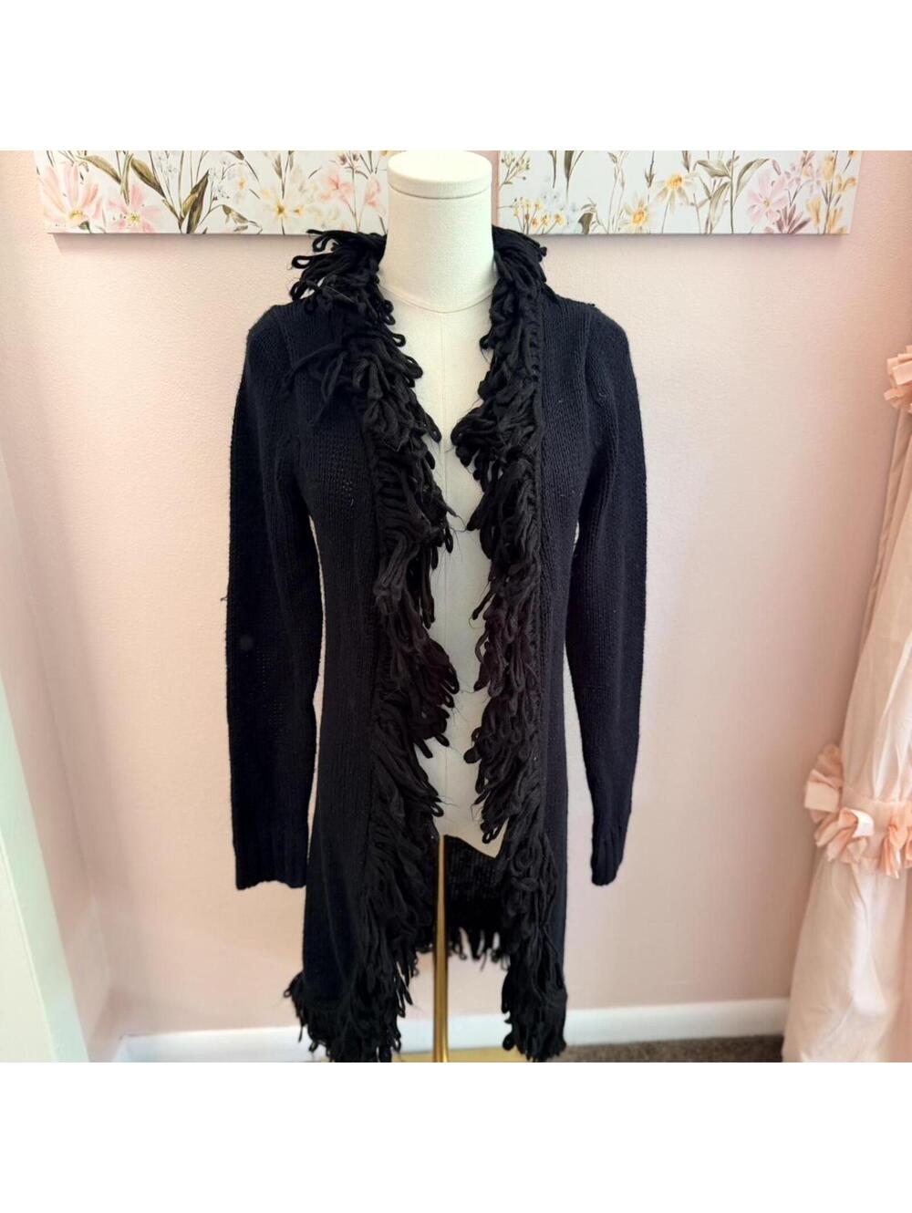 KIKIT black fringe knit cardigan sweater size medium